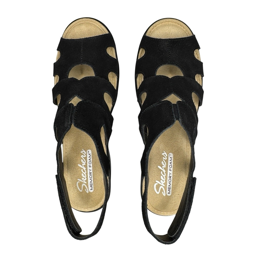 Skechers Wedge Memory Foam Black Suede Sandals Size 8 - Picture 2 of 14